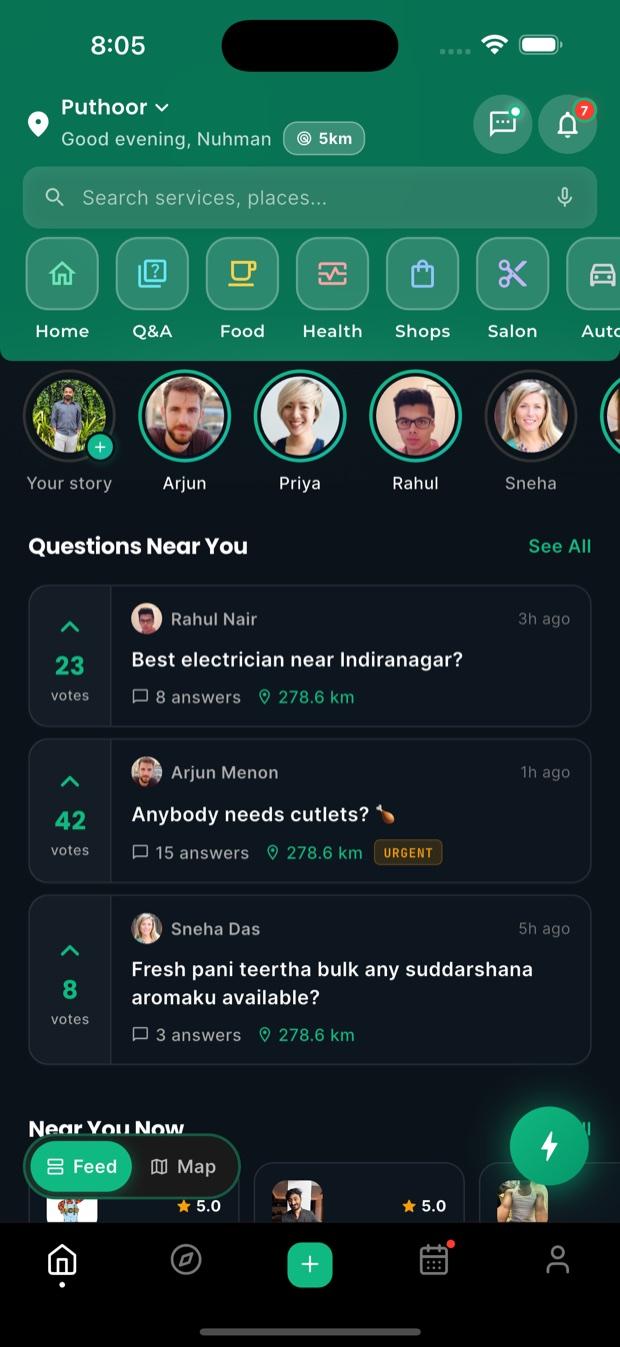 ZetPin app home feed — questions, services and community near you